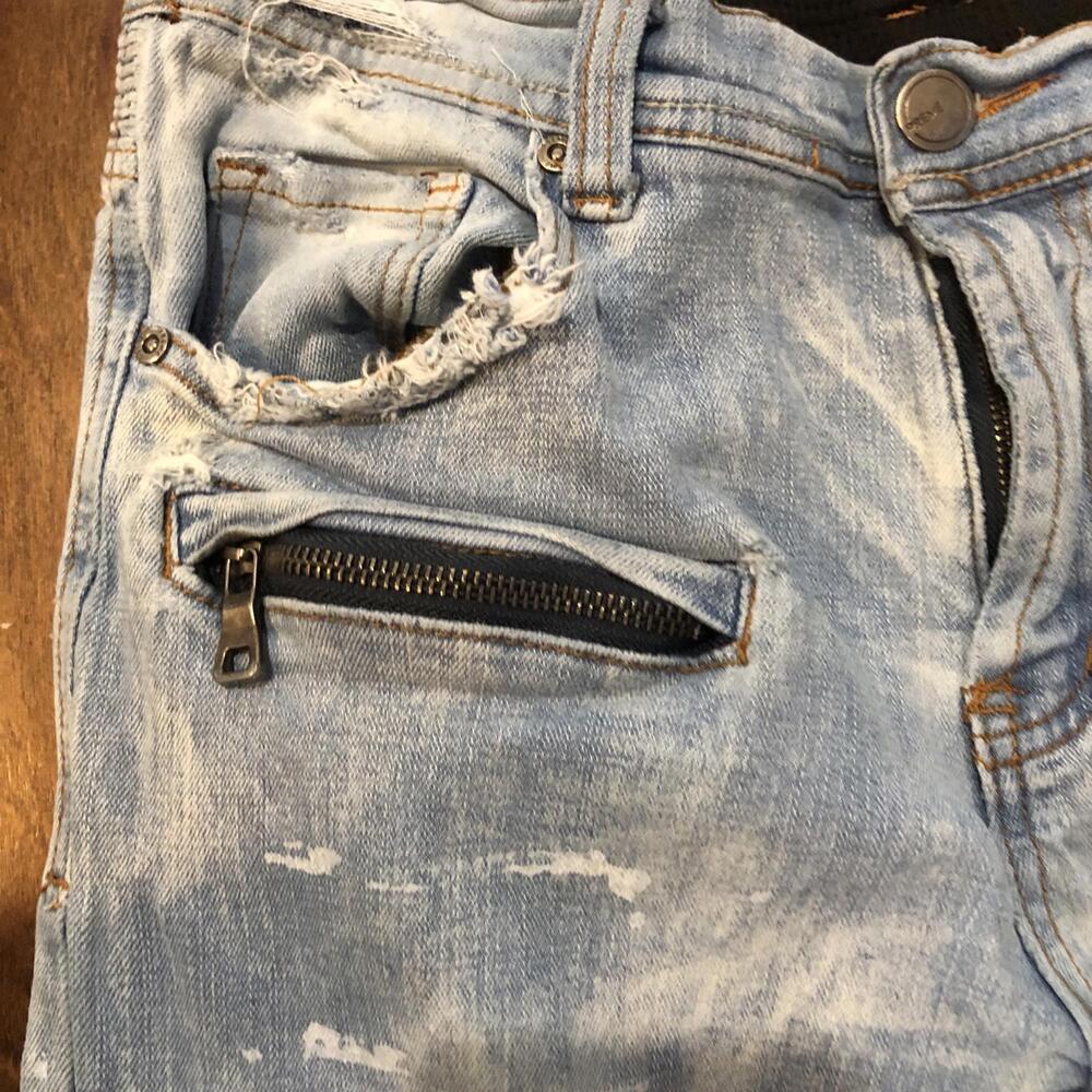 Preme Denim Distressed Ripped Jeans Light Wash  Stacked Moto Mens 43x32 P10 - Picture 3 of 7